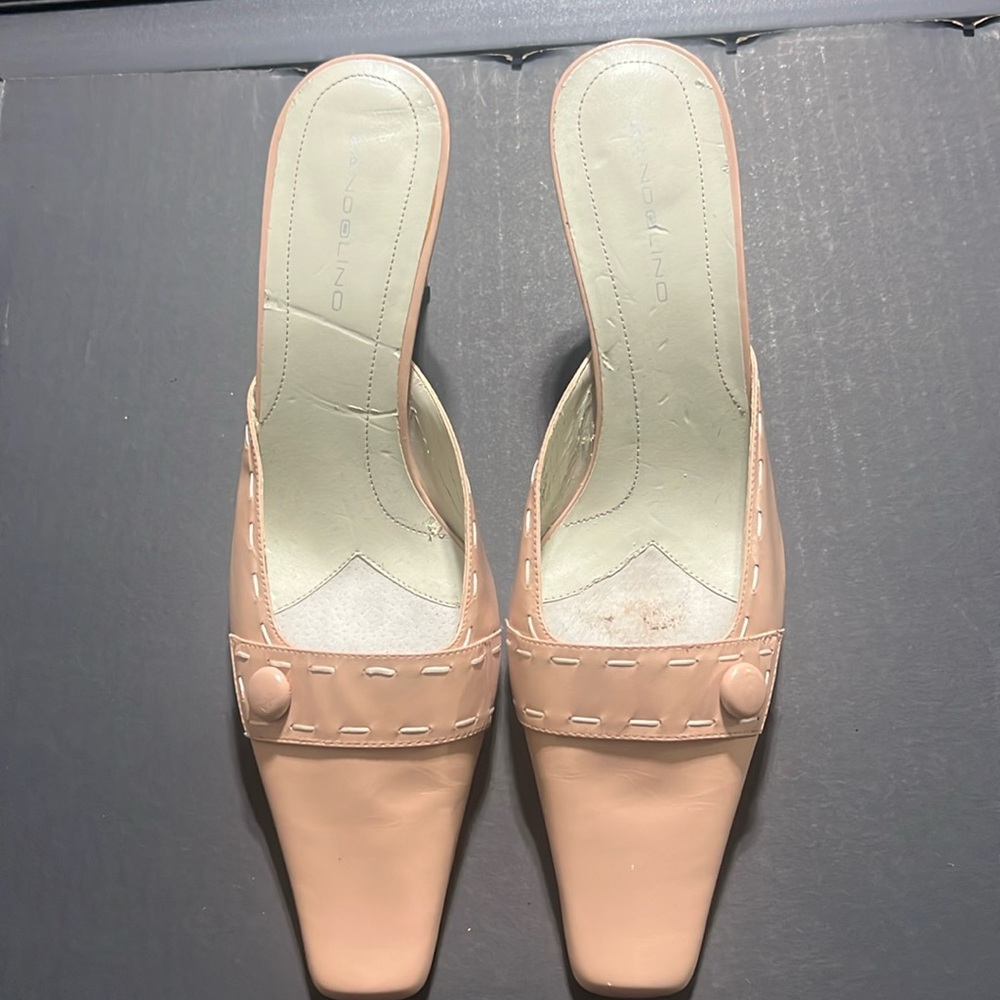 Pink leather kitten heel mules. 9.5